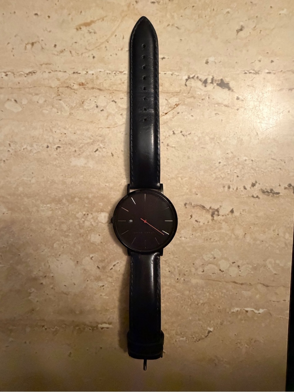 Alfred Sung Black Leather Men's Watch with Red Accent